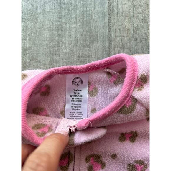 Gerber Leopard Fleece Footed Pajamas Pink Zip Footie Pjs One Piece Sleeper 24m - Picture 4 of 6
